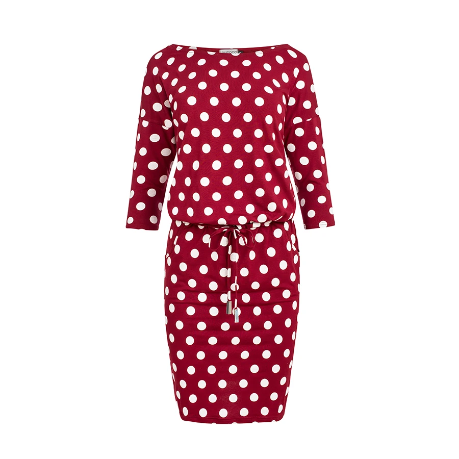 A red dress with white polka dots features a comfortable, relaxed fit and a drawstring waist. The design includes three-quarter sleeves and a knee-length hemline, perfect for casual or semi-formal occasions.