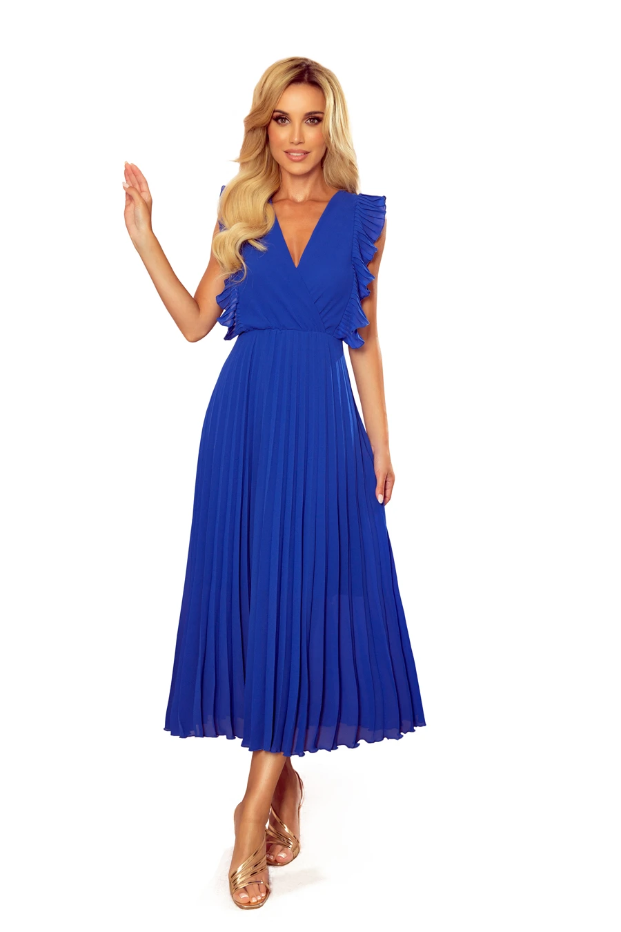 A vibrant blue dress with a pleated skirt and ruffled sleeves, perfect for elegant occasions. The dress features a flattering V-neckline and a flowing, graceful silhouette.