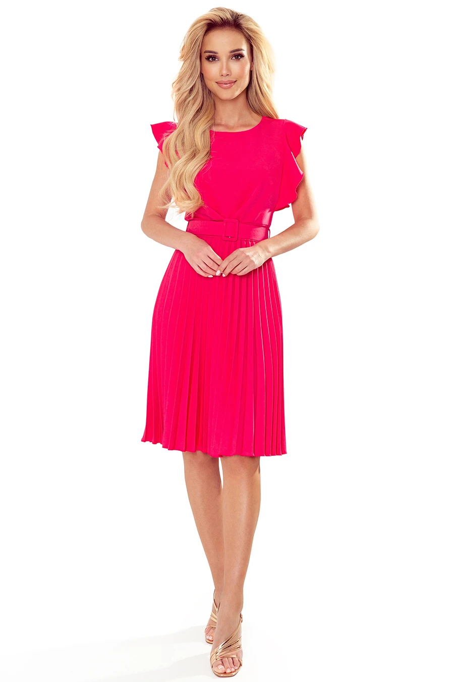A vibrant pink dress features a pleated skirt and ruffled sleeves, complemented by a matching belt. The elegant design is perfect for both casual and formal occasions.