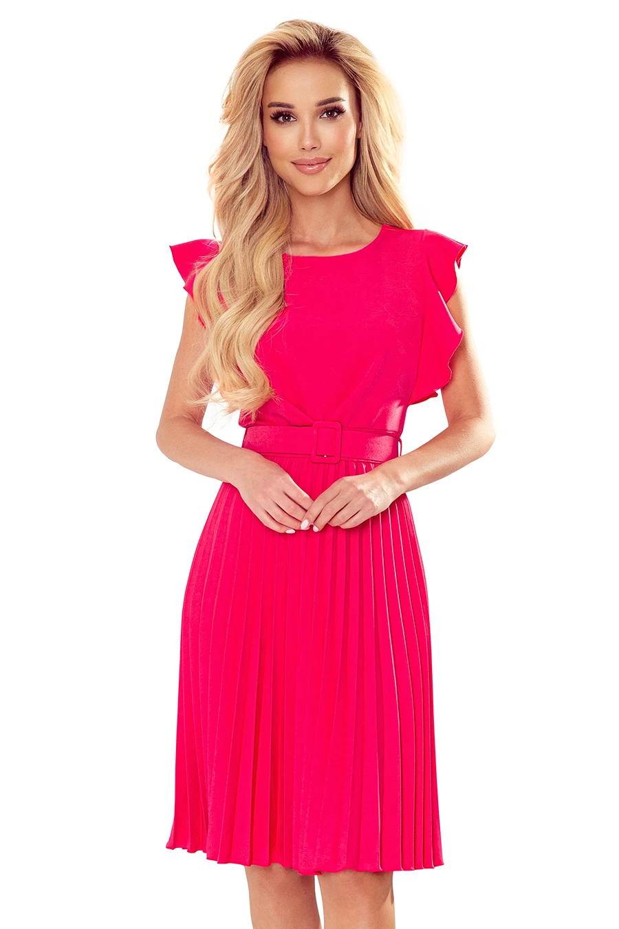 A vibrant pink dress features elegant ruffled sleeves and a pleated skirt, complemented by a matching belt at the waist. The design exudes a chic and feminine style, perfect for various occasions.