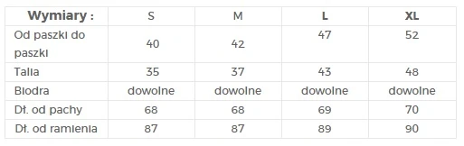 The image displays a size chart for a clothing item, detailing measurements in centimeters for sizes S, M, L, and XL. It includes dimensions such as "Od paszki do paszki," "Talla," "Dł. od pachy," and "Dł. od ramienia."