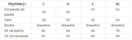 The image displays a size chart for a clothing item, detailing measurements for sizes S, M, L, and XL. It includes dimensions such as chest width, waist width, and lengths from armpit and shoulder.