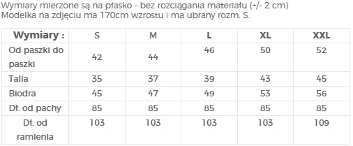 The image displays a size chart for a clothing item, detailing measurements for sizes S to XXL. The chart includes dimensions such as chest width, waist, hips, and length from armpit and shoulder.