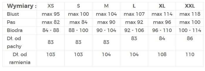 The image displays a size chart for women\'s clothing, detailing measurements for bust, waist, hips, and length from armpit and shoulder for sizes XS to XXL. The chart provides maximum measurements in centimeters for each size category.