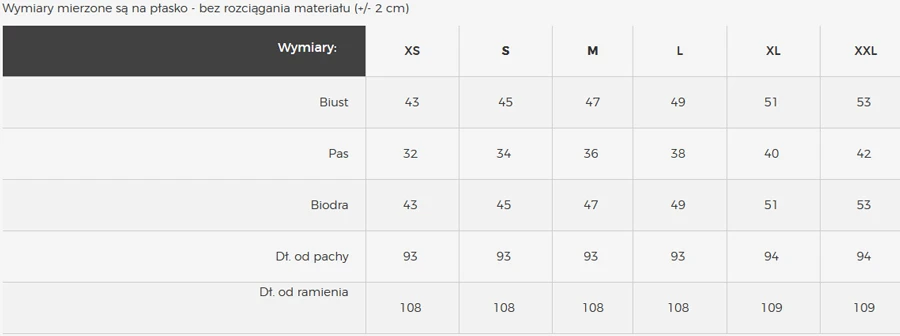 The image displays a size chart for a clothing item, detailing measurements for bust, waist, hips, and lengths for sizes XS to XXL. The measurements are provided in centimeters and are taken flat without stretching the material.