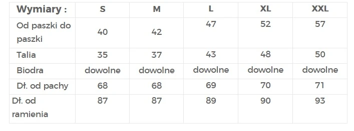 The image displays a size chart for a clothing item, detailing measurements for sizes S to XXL. It includes dimensions for chest, waist, and length from armpit and shoulder.