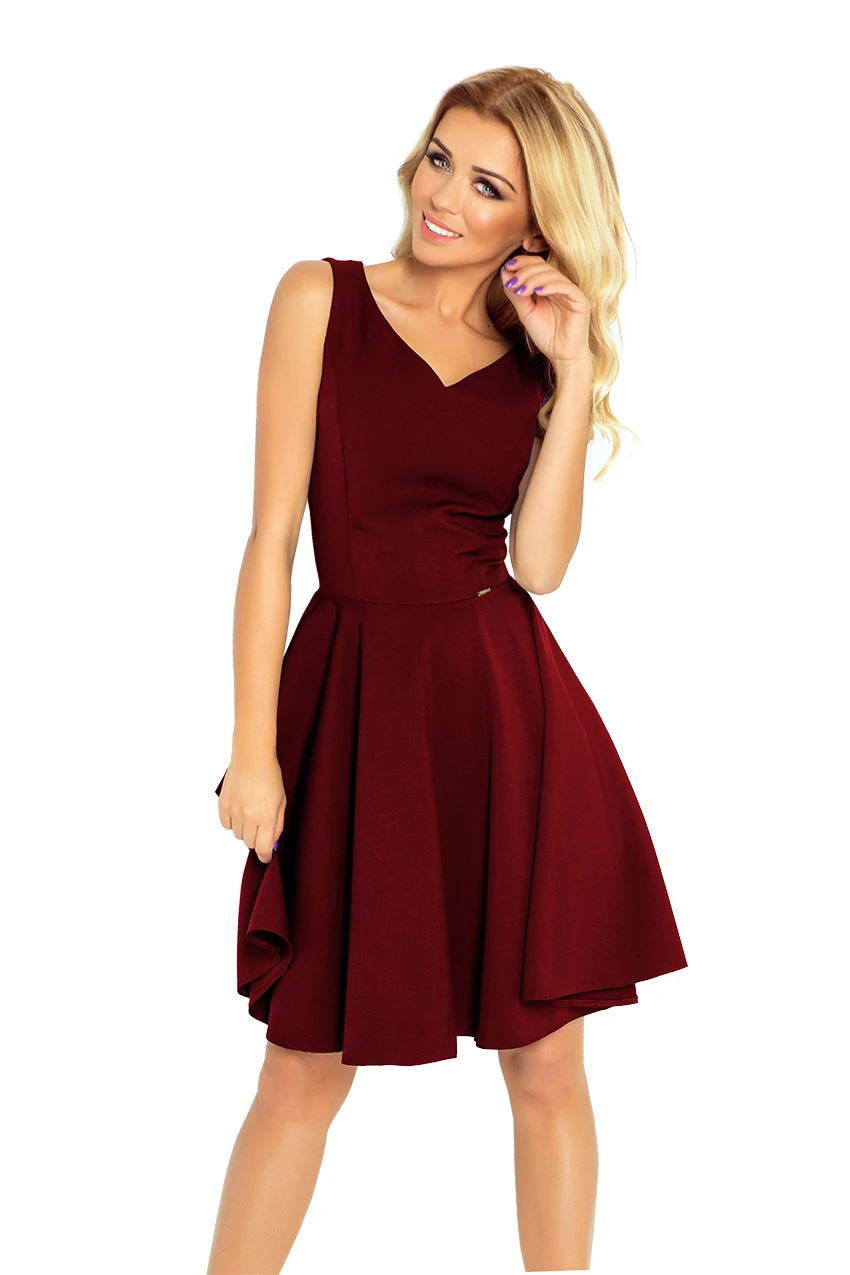 The image features a sleeveless, burgundy dress with a fitted bodice and a flared skirt, perfect for elegant occasions. The dress has a classic V-neckline and a smooth, flowing fabric that enhances its sophisticated look.