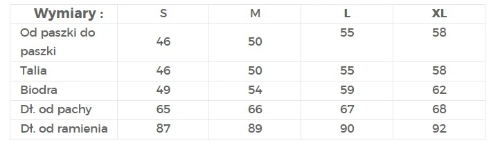 The image displays a size chart for a clothing item, detailing measurements for sizes S, M, L, and XL. It includes dimensions for chest, waist, hips, and lengths from armpit and shoulder.