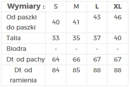 The image displays a size chart for a clothing item, detailing measurements for sizes S, M, L, and XL. It includes dimensions such as "Od paszki do paszki," "Talla," and "Dł. od pachy."