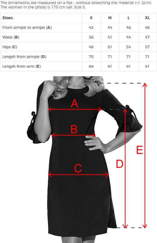 The image features a stylish black dress with three-quarter sleeves adorned with bow details. The dress is displayed with measurement guides indicating various dimensions for accurate sizing.