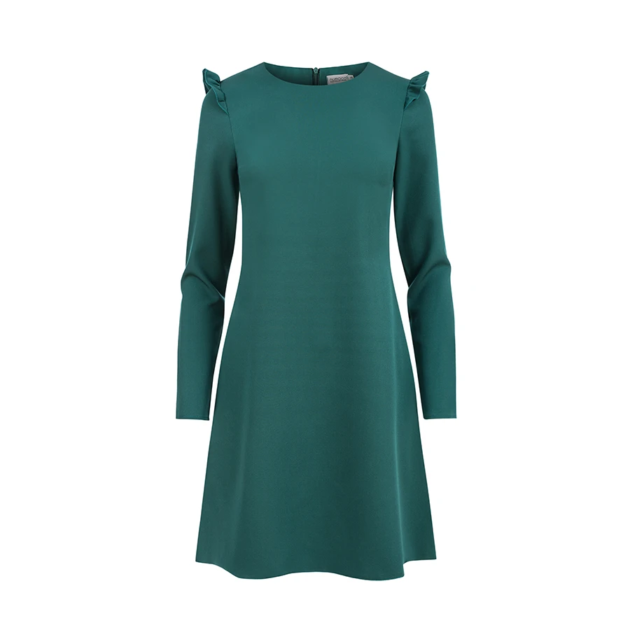 A stylish green dress with long sleeves and subtle shoulder ruffles, perfect for both casual and formal occasions. The dress features a simple, elegant design with a round neckline and a flattering A-line silhouette.