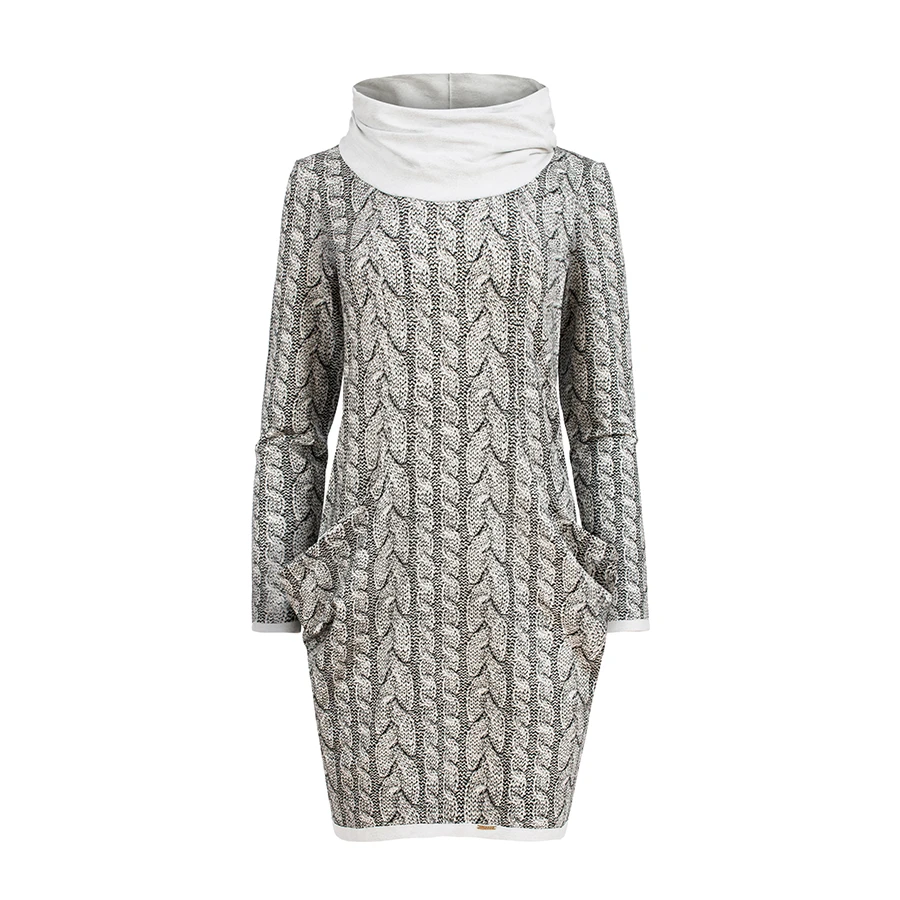 A stylish long-sleeve dress featuring a textured knit pattern and a cozy cowl neck. The dress includes convenient front pockets and a comfortable fit, perfect for casual wear.