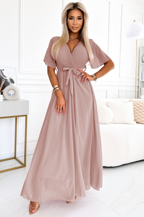 545-6 Long dress with pleated neckline and tie - taupe 
