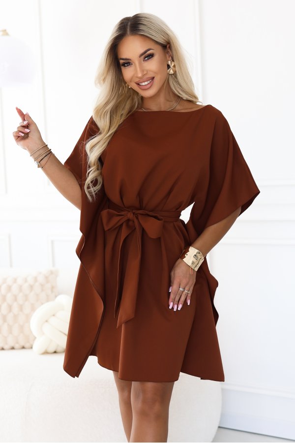  287-45 SOFIA Feminine butterfly-style dress with a waist tie - cinnamon brown 