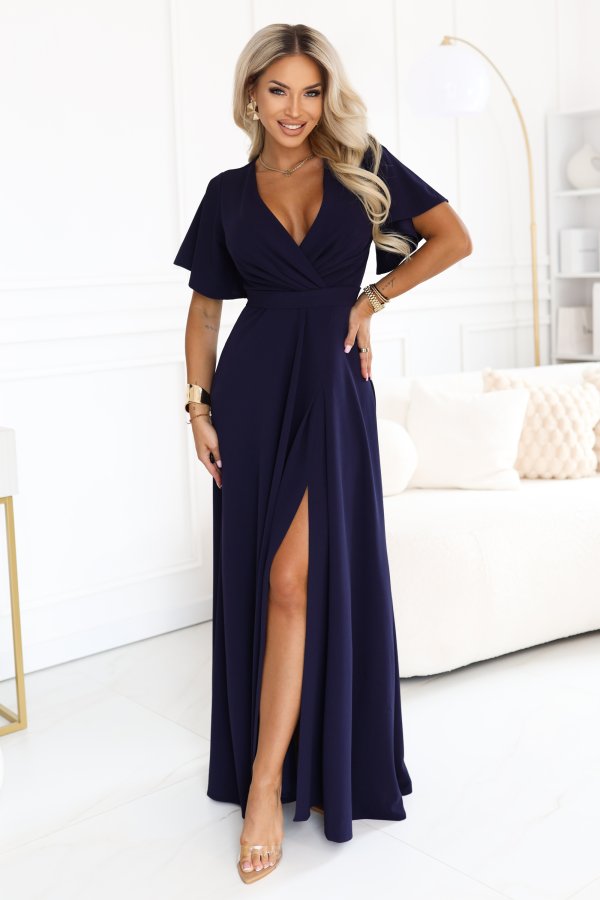  581-9 JENNIFER Long dress with a leg slit, sleeve and neckline - navy blue 