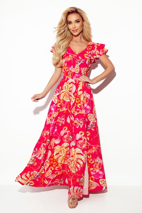 A vibrant, floor-length dress featuring a bold floral pattern in shades of pink, orange, and yellow. The dress has short, ruffled sleeves and a flattering V-neckline, perfect for a summer occasion.