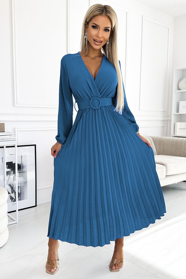 A stylish blue pleated dress with a deep V-neckline and long sleeves, featuring a matching belt with a circular buckle. The elegant design is perfect for both formal and casual occasions.