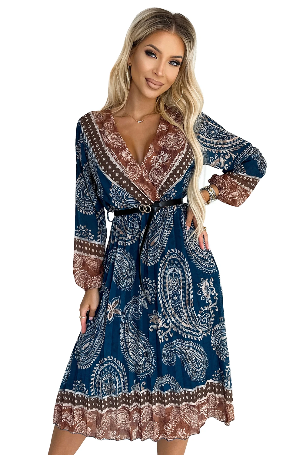 A stylish dress featuring a rich blue and brown paisley pattern, complemented by a black belt at the waist. The design includes long sleeves and a V-neckline, offering a chic and elegant look.