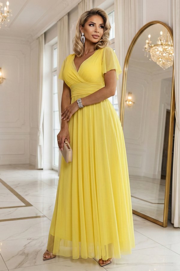  562-8 NASTIA Long dress with a neckline, tie and short sleeves - lemon limoncello  