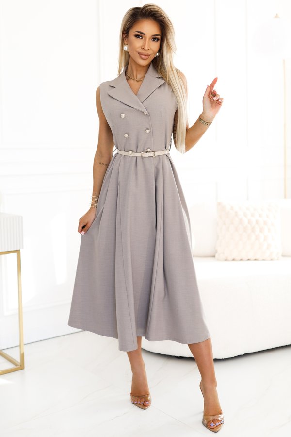 A stylish sleeveless midi dress in a soft gray color features a double-breasted design with a matching belt. The dress is elegantly tailored, perfect for both formal and casual occasions.