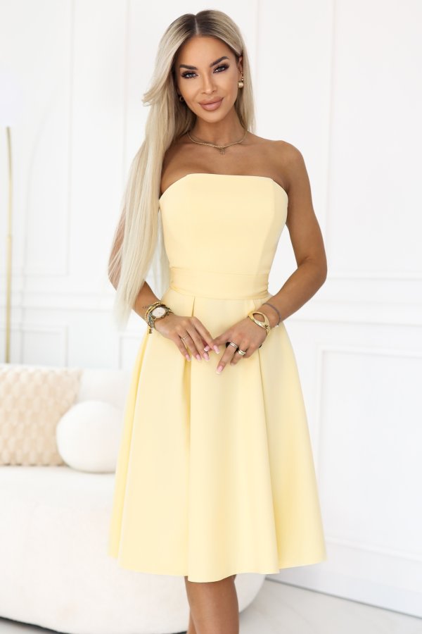  641-3 VIVIENNE Corset Flared Midi Dress with Belt - Pastel Yellow 