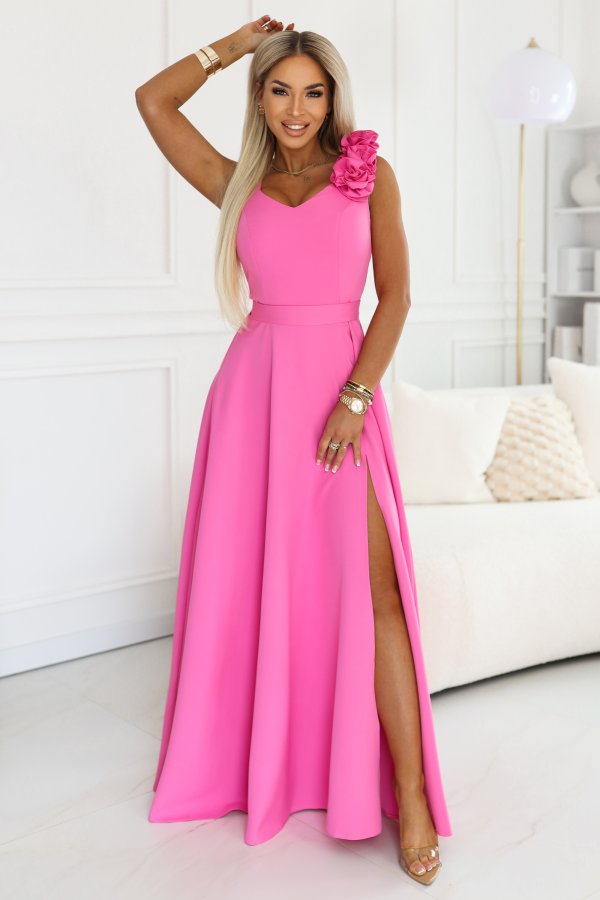  643-6 Elegant evening maxi dress with a slit and roses - candy pink 