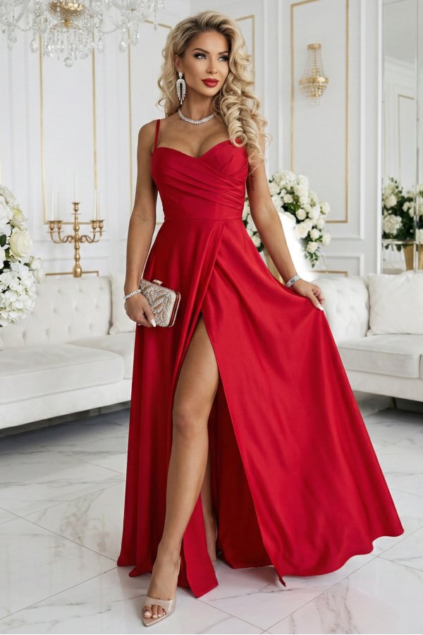  646-3 Long evening dress with straps and leg slit - red 