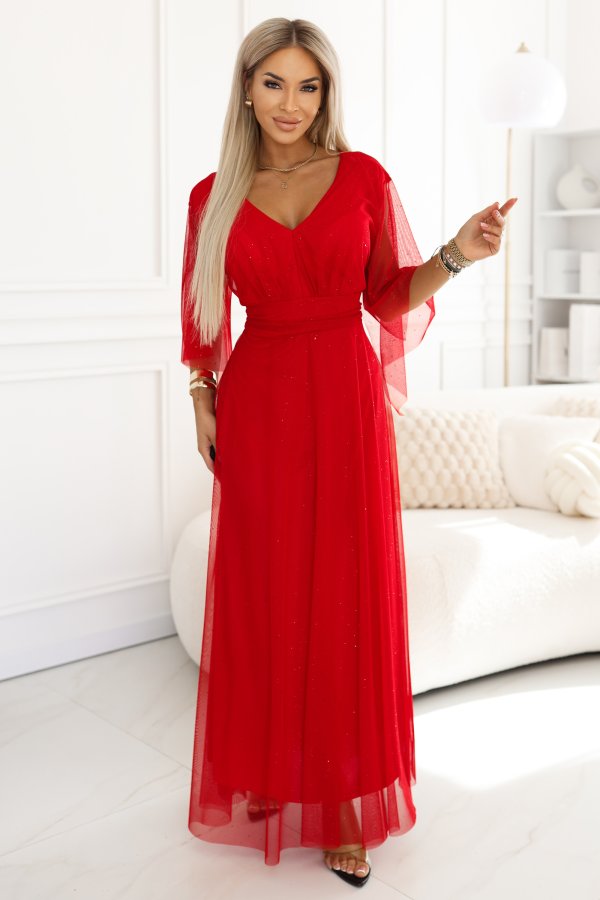  655-5 Long Light-Catching Shimmering Gown with Neckline and Sheer Sleeve - Red 