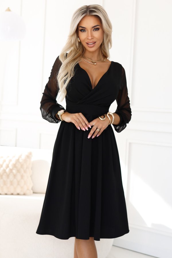  657-1 Elegant midi dress with a wrap neckline and tulle sleeves - black 