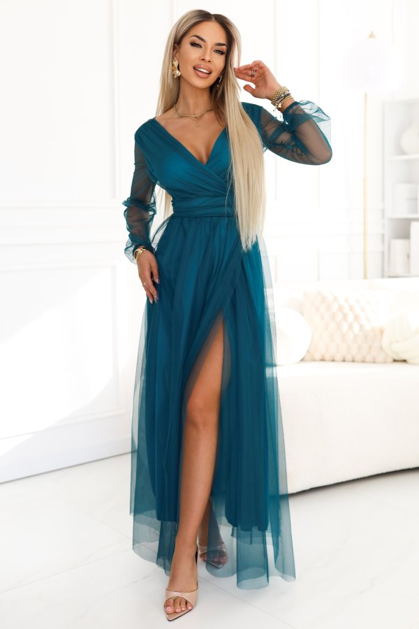  664-2 Long Maxi Dress with Tulle Sleeves and Wrap Neckline - Bottle Green 