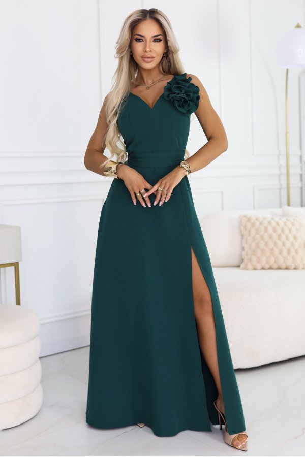  669-1 Romantic maxi dress with a flower on the shoulder and a slit - bottle green 