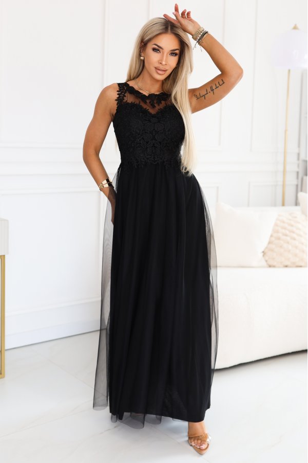  672-4 Romantic maxi dress with embroidered lace and tulle - black 